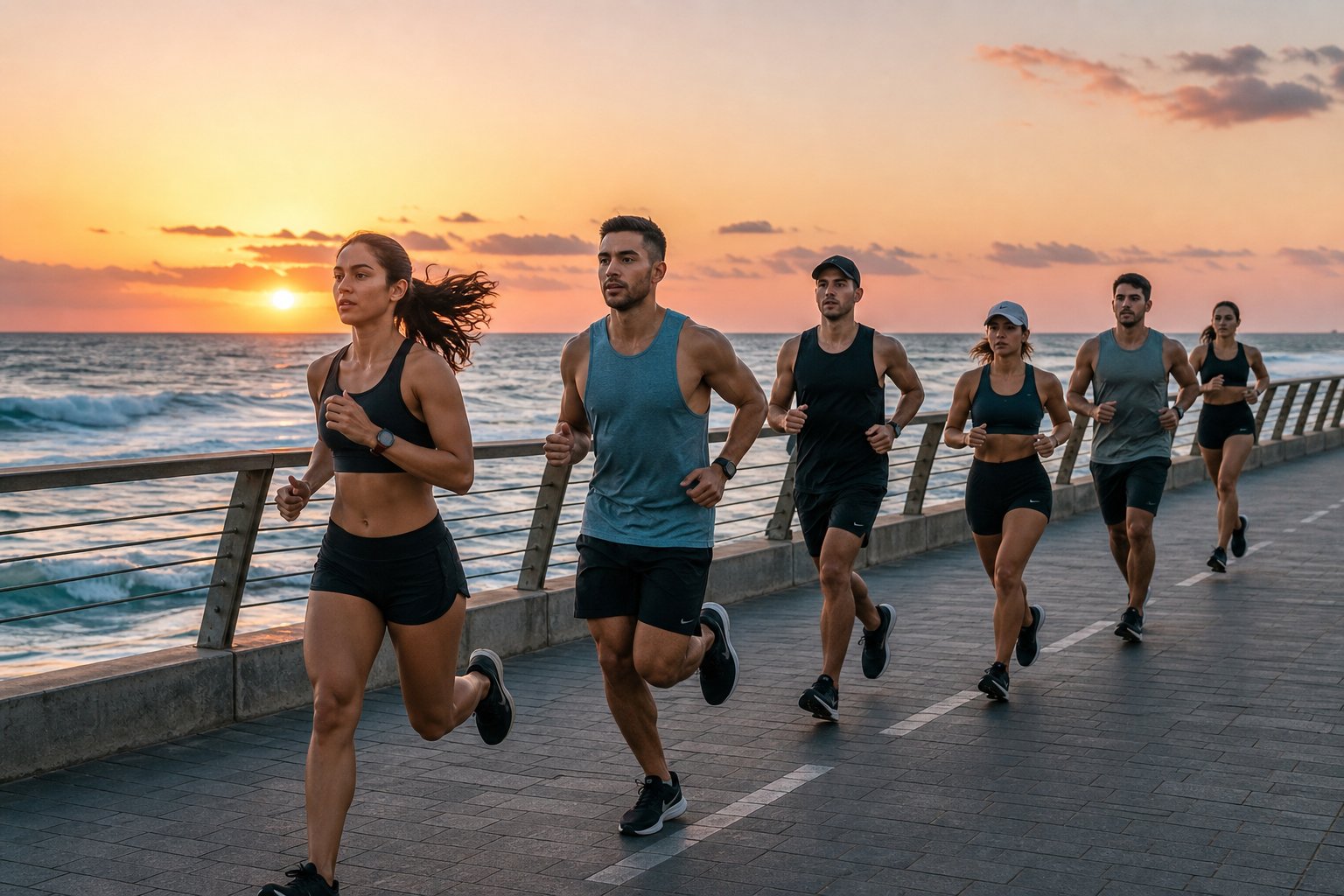 Runners on Tel Aviv boardwalk at sunrise